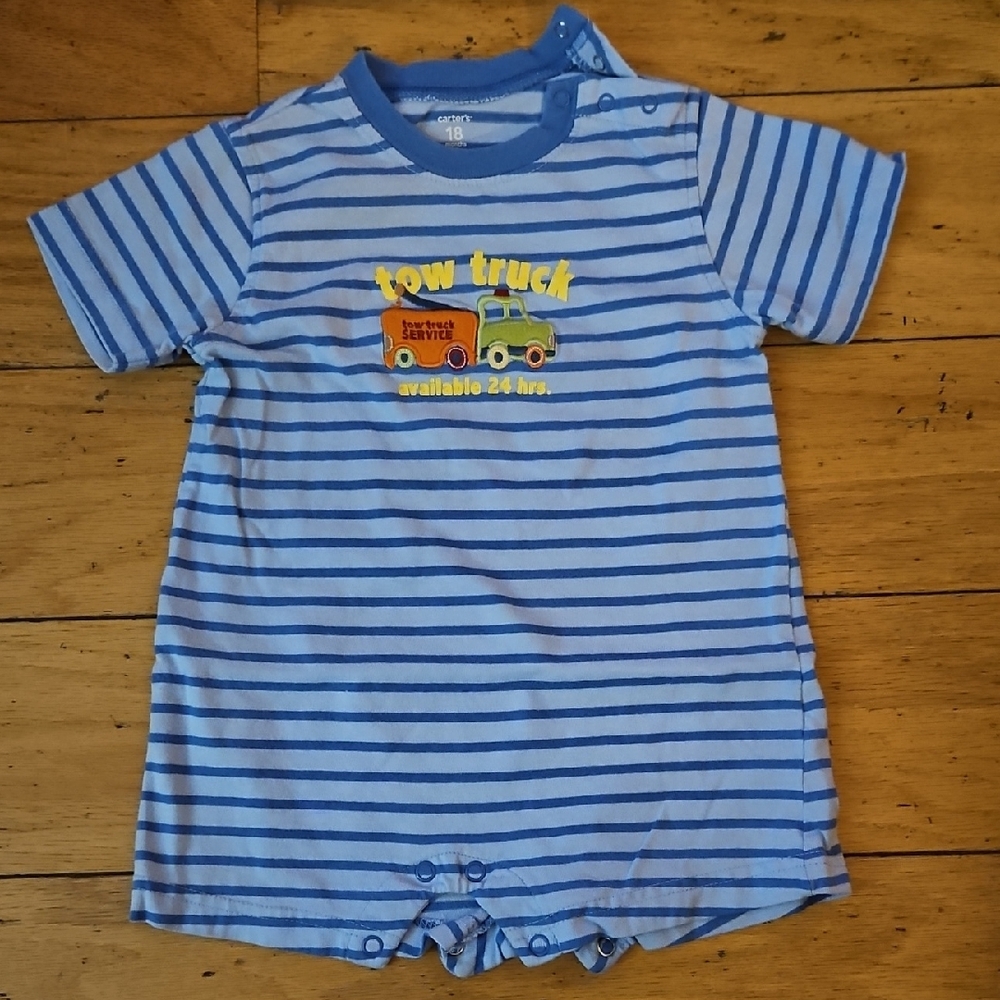 Blue Striped Baby Romper with Tow Truck Design